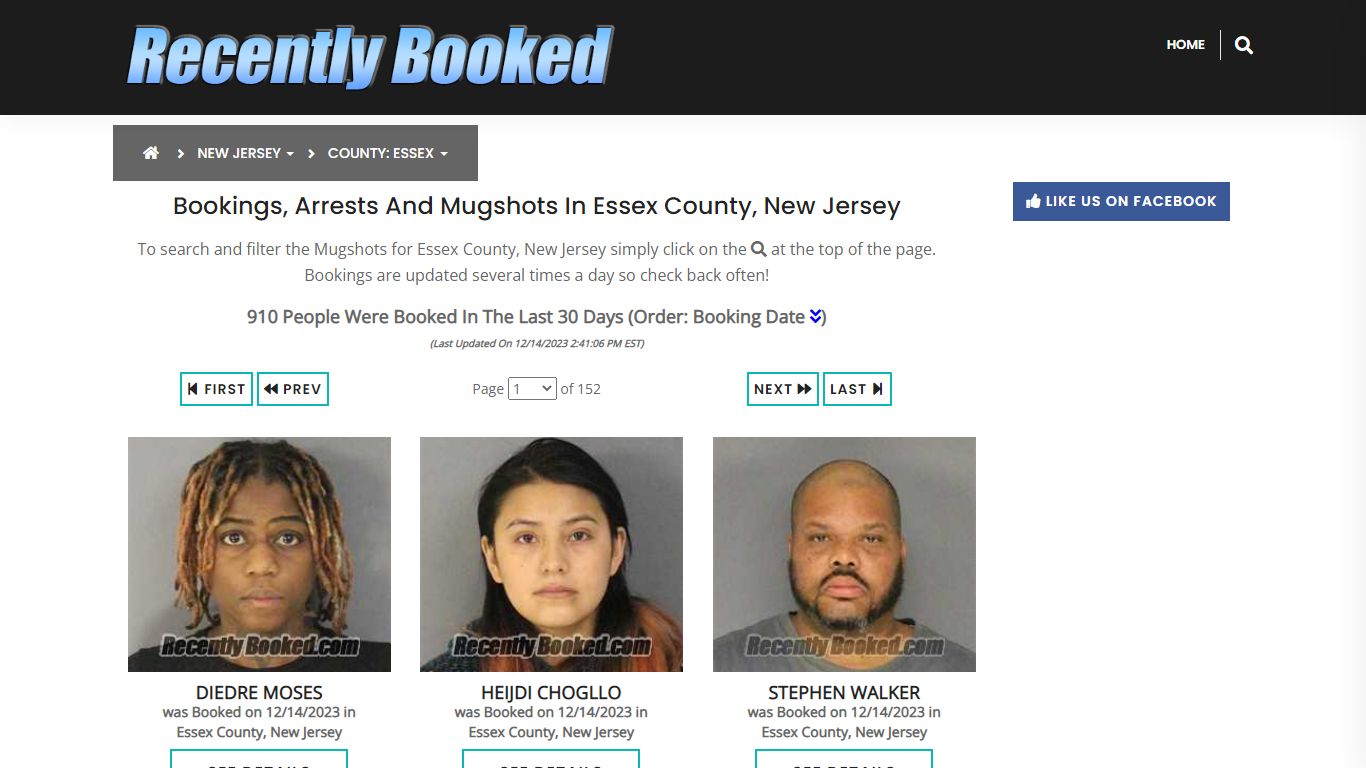 Bookings, Arrests and Mugshots in Essex County, New Jersey